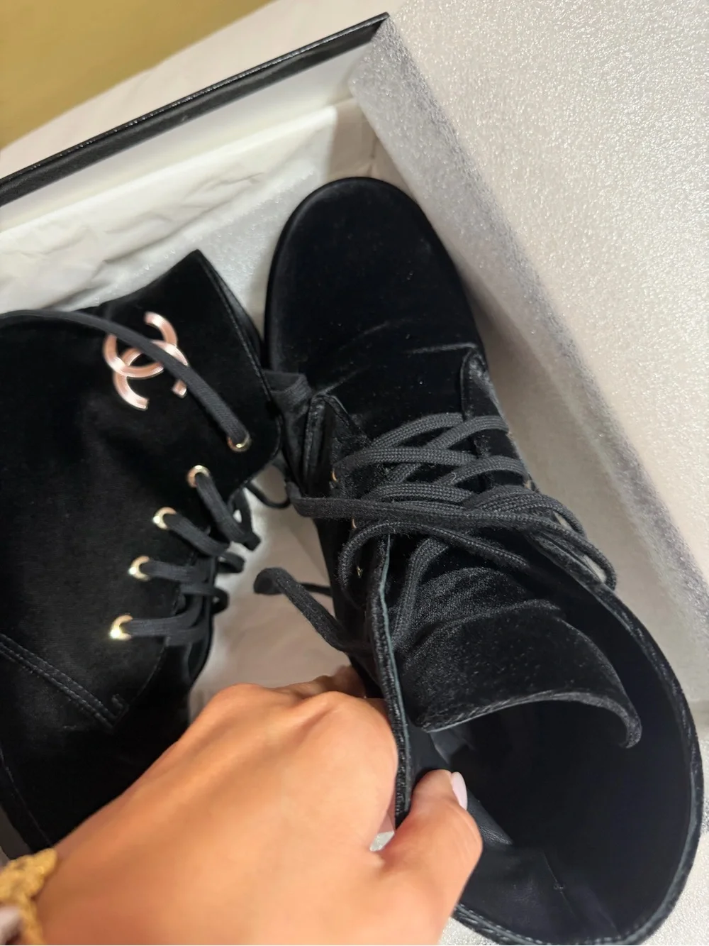 AUTHENTIC Chanel Black Velvet Lace-Up Ankle Short Boots